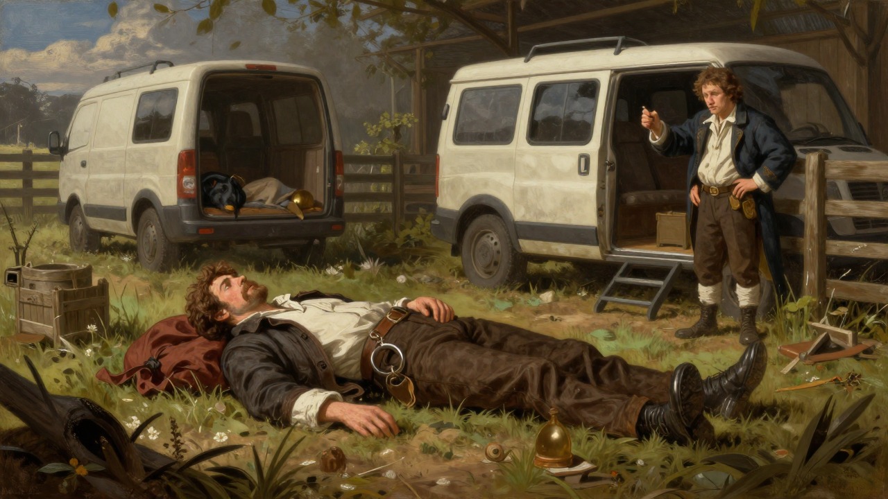 鲍克瑟之死与正直的丧失,《动物农场》中的场景。鲍克瑟因过度劳累而倒下。拿破仑承诺为他提供医院护理,但来的货车来自屠马场。本杰明发现了真相,但为时已晚;鲍克瑟被带走并杀害。斯奎拉撒谎说鲍克瑟在医院安详死去。农场最后一位诚实的劳动者消失了,随之消失的还有革命精神的最后痕迹。猪群现在公开沉溺于威士忌,并采纳人类习俗。