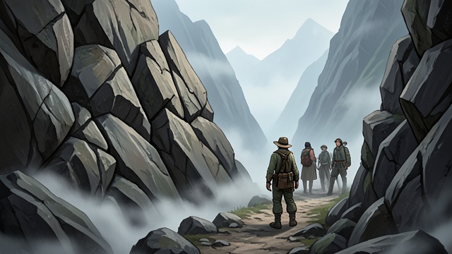 A Blocked Pass from "The Tale of the Vampire Bride". Roads That Close Delayed Escape A rockfall blocks the direct route, while the guide warns that night and the mountains are dangerous.