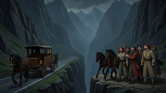 The Failed Departure from "The Tale of the Vampire Bride". No Way Down A Strange Return The carriage cannot find a route away, and a newly opened gorge defeats the family’s plan to reach the village.