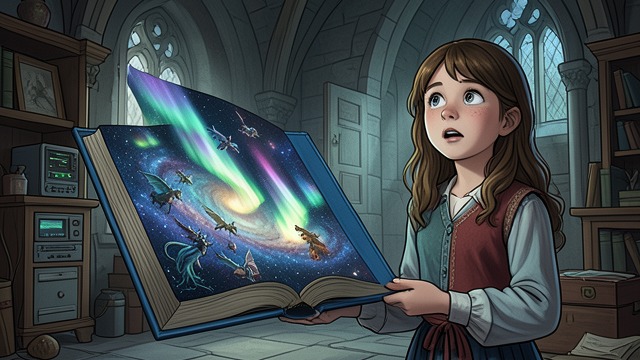 The Magical Atlas from "Living with 7 vampires". The Magical Atlas A blue book opens into a galaxy of mythical creatures and northern lights before closing again.