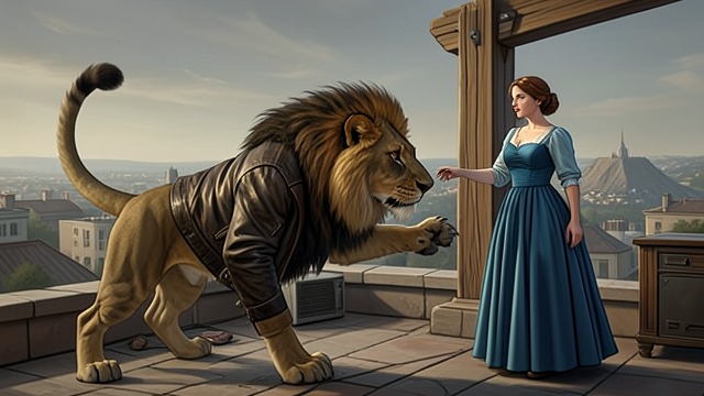 The Lion’s Play from "Living with 7 vampires". The Lion’s Play V transforms into a lion and attacks Y/N across the library roof, treating a potentially fatal fall as entertainment.