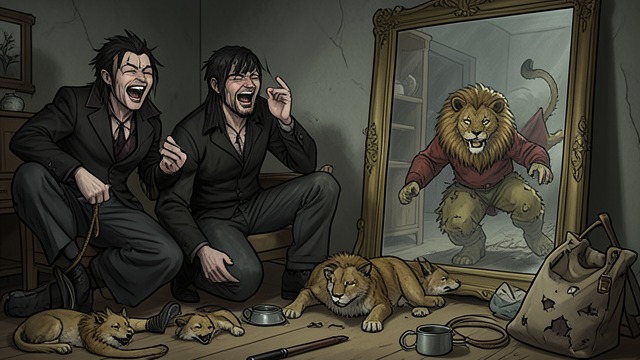 Comic Expedition from "Living with 7 vampires". Comic Expedition The vampires joke about falling, animal forms, food bags, and tearing V apart so his lion body can fit through the mirror.