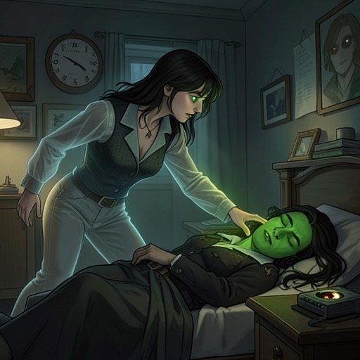 The Green-Eyed Invasion from "Living with 7 vampires". This flow follows the Green-eyed ones from hidden possession to open pursuit of Y/N and the attempted escape from their confinement.