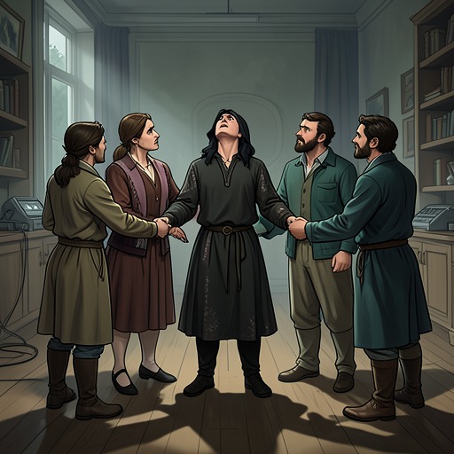 Y/N and the Seven Vampires from "Living with 7 vampires". This flow traces the group bond from predatory collection to mutual rescue and finally reconstructed companionship.
