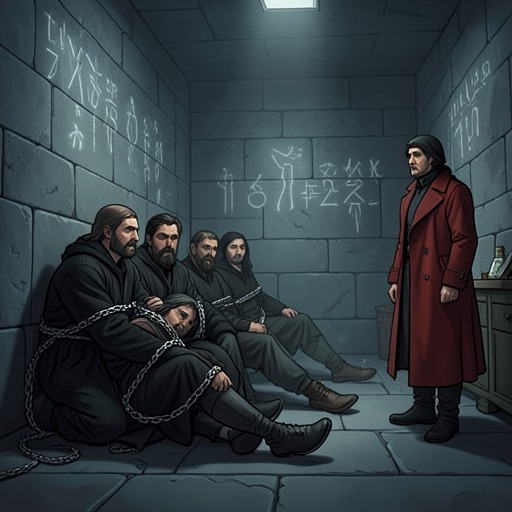 The Green-Eyed Faction’s Captivity from "Living with 7 vampires". This flow follows the Green-eyed faction from imprisoned victims to released antagonists seeking Y/N as the key to their freedom.