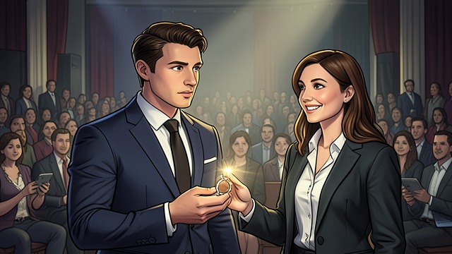 Engaged Couple from "Fake Dating Mr. CEO: A Billionaire, Enemies to Lovers Romance". Engaged Couple Public question At Bianca’s book launch, Aiden asks her to become his wife before readers and admirers.