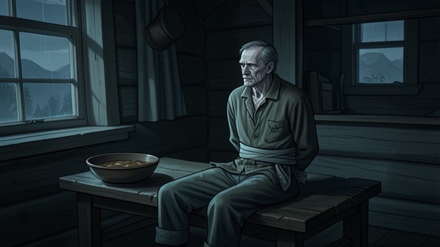 The Mountain Prison from "Young Captain Jack · The Son of a Soldier". A Bound Prisoner Isolation Jack is held in Mountain Prison Cabin with his hands tied and food withheld.