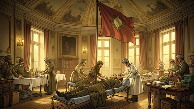 The Hospital Flag from "Young Captain Jack · The Son of a Soldier". A Protected Household Shelter for the Wounded Alice Ruthven opens the mansion to injured Confederate soldiers and organizes cots, servants, and medical care.