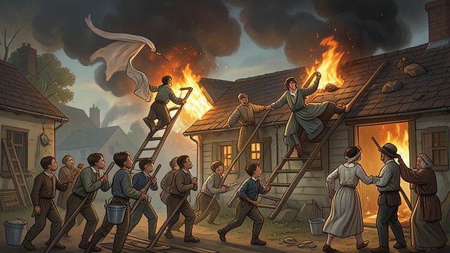 Rescue at the Burning Plantation from "Young Captain Jack · The Son of a Soldier". Fire Brigade Organized Labor Jack deploys the boys with ladders, buckets, and servants to save Mary Ruthven’s Plantation.