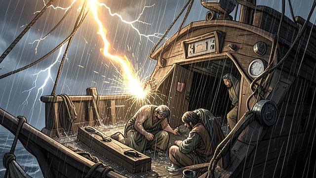 The Lightning Fire from "Young Captain Jack · The Son of a Soldier". Fire in the Wreck Violent Interruption Lightning strikes the vessel while Jack, Marion, and Old Ben are inside.