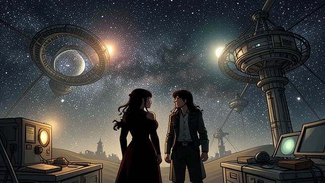 Travel Beyond Home from "The Stars Have Eyes". Scale Made Visible A Larger World Joe and Maggie travel through orbital stations, freighters, planets, binary stars, and artificial wormholes.