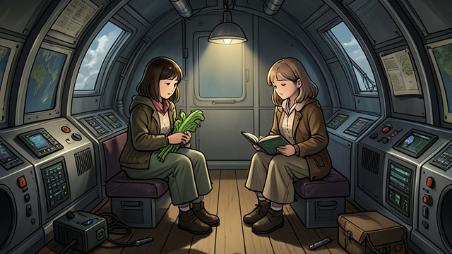 The First Airship from "Cinnamon Bun". The First Airship Shared Confinement The two girls travel aboard The Silver Boot and share a tiny cabin.