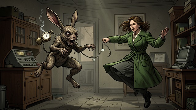 The Time Rabbit from "Cinnamon Bun". The Time Rabbit A Hostile Puzzle The zombie rabbit uses a pocket watch to teleport and attack from impossible angles.