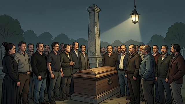 Residents at the Funeral from "Gang Up: A Bikerland Novel". Public Ritual, Private Uncertainty A collective gathering Family members, Kin, and citizens assemble at Temple Cemetery for Titus’s burial.