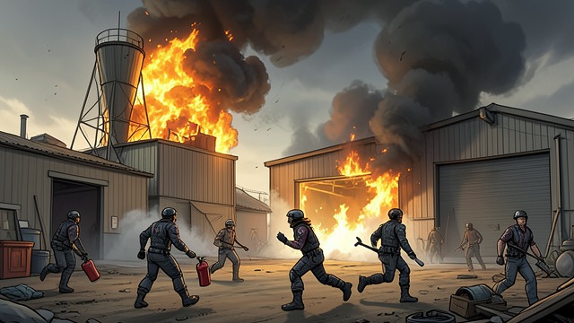 Sabotage at the Compound from "Gang Up: A Bikerland Novel". Infrastructure Under Attack Two explosions The grain tower and long garage are hit, causing fires and threatening essential resources.