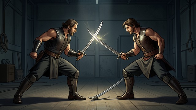 The Training Bout from "Bound by Darkness". The Training Bout Skill Against Skill Hunter faces Larem in the gym and loses his sword to a repeated Kalith maneuver.