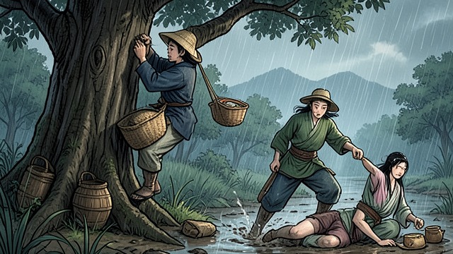 Resource Pack Leadership from "I’m Very Happy After Marrying the CEO Husband According to the Agreement". Searching Beyond the Path Shen Tang climbs trees to locate hidden supply packs and guides Huo Yingying through difficult terrain.