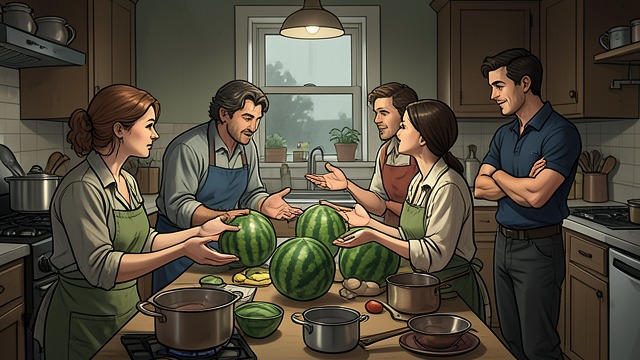 The Bartering Loophole from "I’m Very Happy After Marrying the CEO Husband According to the Agreement". Rules Reinterpreted Shen Tang persuades the guests to barter watermelons directly for prepared ingredients rather than follow the program’s inefficient reward…