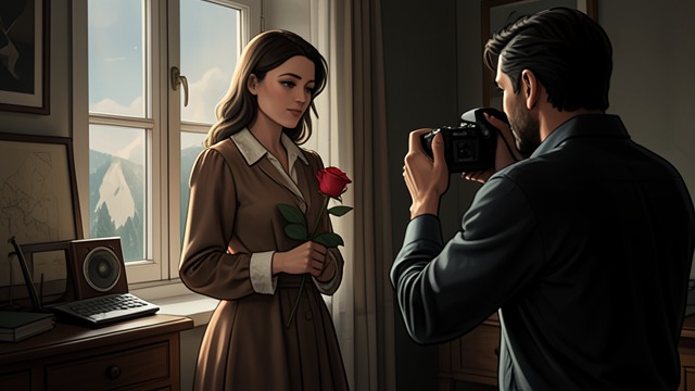 The Reference Photos from "The light house: A love story". The Reference Photos Arrangement Blake McGrath positions Connie Dixon beside the window and photographs her with a rose.