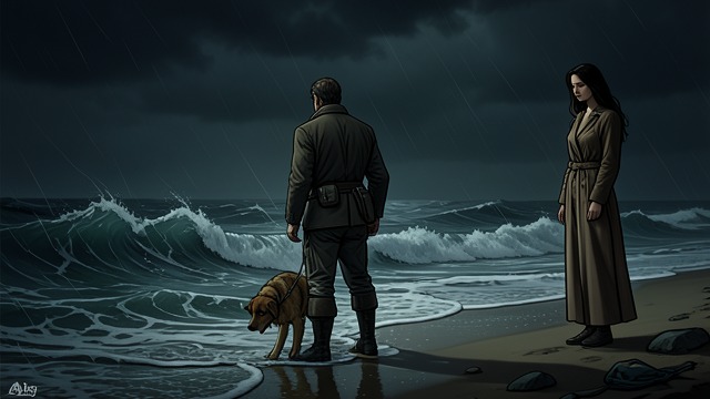 The Storm Vigil from "The light house: A love story". The Storm Vigil Endurance Ned remains outside during the storm rather than abandoning the beach.