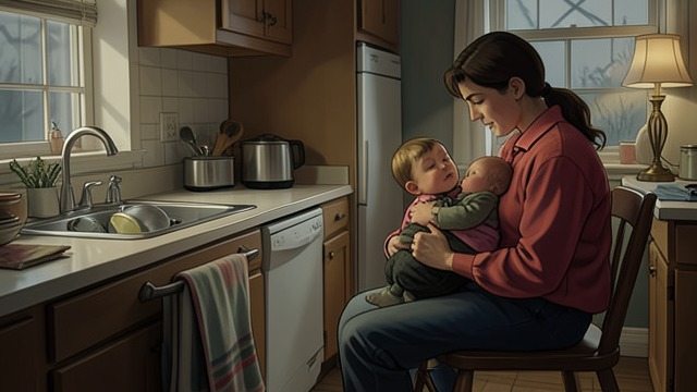 Parenting Together from "The Beki CEO Got Me Pregnant". Divided Care Kazumi feeds and carries Kenzie while Yohan prepares meals, washes dishes, rocks the baby, and manages household routines.
