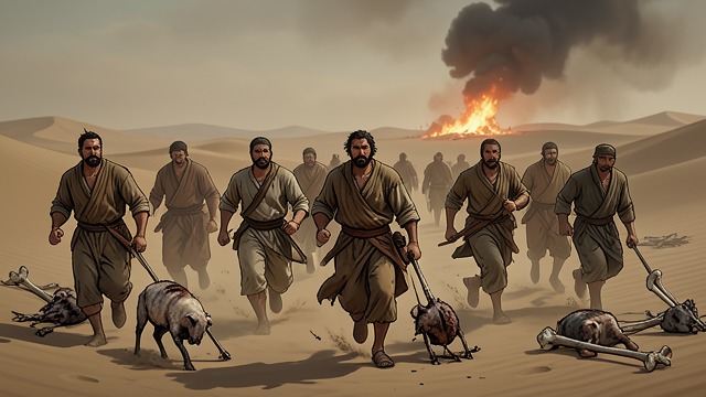 First Reports from "Who's Causing Your Trouble". First Reports Repeated Disaster Sabeans seize oxen and donkeys, fire consumes sheep, and Chaldeans take camels.