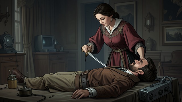 The Mercy Choice from "The Ballad of the Last Dragon". The Sword Held Back Power Reversed Sylvaine Abelan stands over Donnick with a blade at his pulse.
