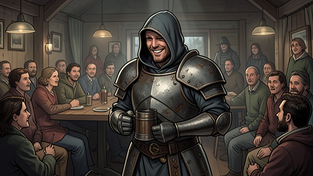 The Armor Entrance from "The Ballad of the Last Dragon". A Body for the Legend Cadoc as Aeron Fowler Cadoc enters wearing Aeron Fowler’s armor and offers drinks to the room.