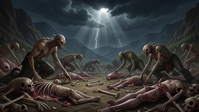 The Feeding Ground from "The Ballad of the Last Dragon". A Valley of Remains The Corpse-eaters’ Territory The group sees monsters feeding among human remains.
