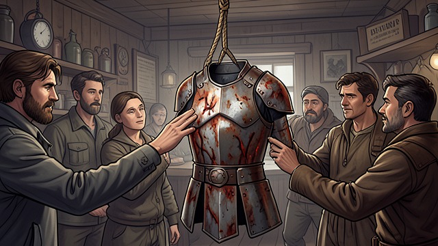 The Armor Memorial from "The Ballad of the Last Dragon". An Object Becomes a Shrine Public Evidence Aeron Fowler’s scorched armor is hung in the tavern after the final ballad.
