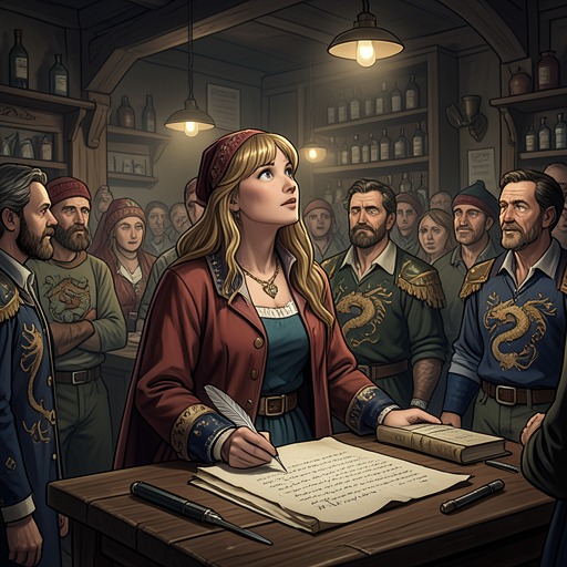 Sylvaine’s Search for a Voice from "The Ballad of the Last Dragon". This flow traces Sylvaine Abelan’s movement from precarious tavern performer to confident author of a public legend and advocate for displaced Elves.