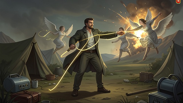 The Golden Line from "Soul Guardian: A Hellishly Cozy Fantasy". Fishing as Defense Concealed Weapon Bael-Sharoth turns his fishing line into golden magical wire and uses it to cut through the attacking angels.