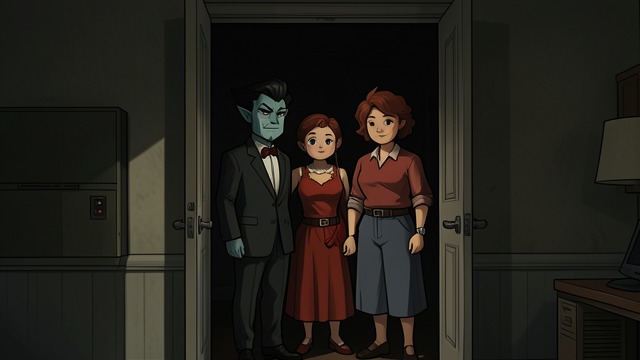 The Family Portrait from "Soul Guardian: A Hellishly Cozy Fantasy". A Possible Family Mirror Image Six, Bael-Sharoth, and Maharet Flameheart stand together with altered appearances and briefly resemble an ordinary family.