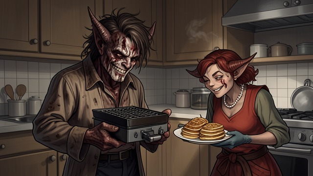 The Waffle Breakfast from "Soul Guardian: A Hellishly Cozy Fantasy". Food as Reconciliation Accidental Transformation Maharet Flameheart turns Bael-Sharoth into a waffle after he asks for breakfast carelessly.
