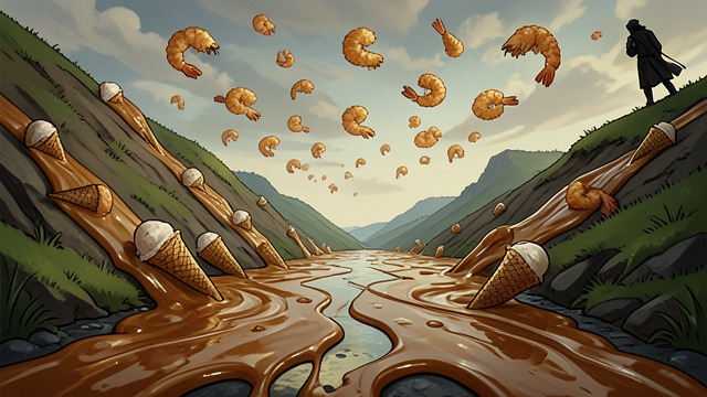 The Om-Nom-Nomicon Attack from "Soul Guardian: A Hellishly Cozy Fantasy". Playful Sabotage Food Disasters The Om-Nom-Nomicon turns the road into a sequence of caramel floods, ice-cream avalanches, and fried-shrimp weather.