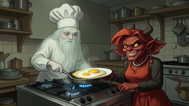 The Ghost Chef from "Soul Guardian: A Hellishly Cozy Fantasy". Instruction from the Dead Culinary Failure Bael-Sharoth repeatedly ruins breakfast until Victor, a Ghost, teaches him technique.