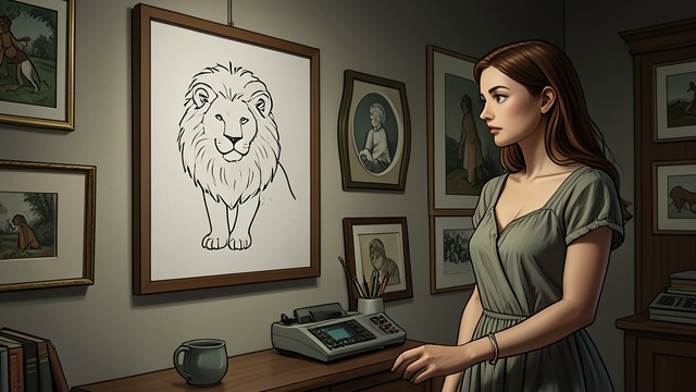 The Child’s Credit from "The Wife He Threw Away: A Billionaire Secret Baby, Marriage-in-Crisis, Second-Chance Grovel Romance". The Lion Drawing Small Authorship Theo Hart’s lion drawing is displayed among Ada Hart’s awards.