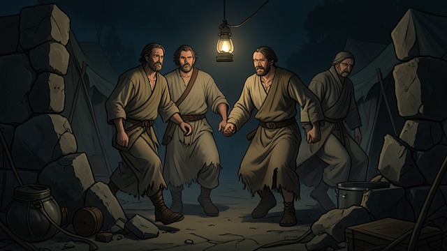 The Four Lepers Move from "Don't Leave God Alone: How to Get God's Attention, Remain in His Presence, and Even Change His Mind to Make a Difference in Your World". The Four Lepers Move Four lepers ask why they should remain seated until death and decide to enter the enemy camp.