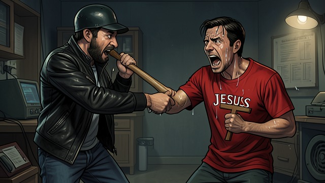 The Blood of Jesus Christ from "Don't Leave God Alone: How to Get God's Attention, Remain in His Presence, and Even Change His Mind to Make a Difference in Your World". The Blood of Jesus Christ Hank repeatedly cries the name of Jesus Christ while a biker swings at him.