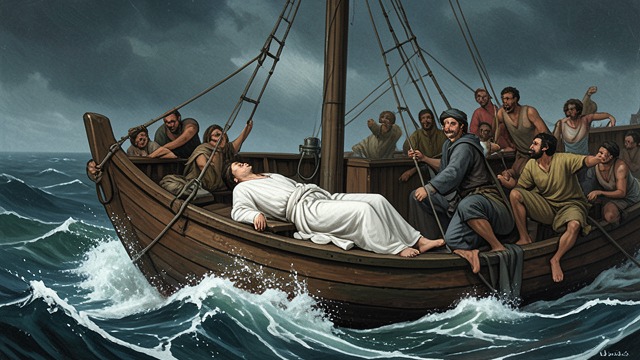 The Storm Lesson from "Don't Leave God Alone: How to Get God's Attention, Remain in His Presence, and Even Change His Mind to Make a Difference in Your World". The Storm Lesson The disciples panic during a storm while Jesus Christ sleeps in the boat.