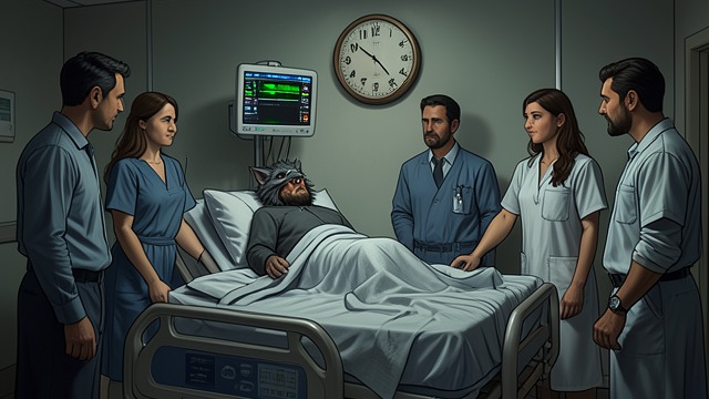 Hospital Survival from "I'm the Werewolf in my Class". Hospital Survival Recovery Sebastian Wolfe wakes beneath hospital monitors after losing consciousness from the fall.