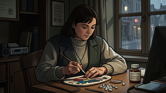 Painting in Treatment from "I'm Still Here- What didn't kill me made me stronger and sharper". Painting in Treatment Emotion given shape Janae paints while discussing rejection, grief, and her relationship with Jensen in counseling.
