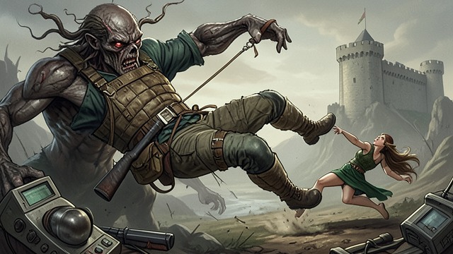 No Leave Behind from "The Calamitous Bob". No Leave Behind Jor throws Viviane Saint-Lys back toward the fort after she is pushed over the wall.