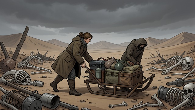 Desert Departure from "The Calamitous Bob". Desert Departure Viviane Saint-Lys leaves Harrak through the northern gate with a sled carrying Solfis, food, water, and salvaged equipment.