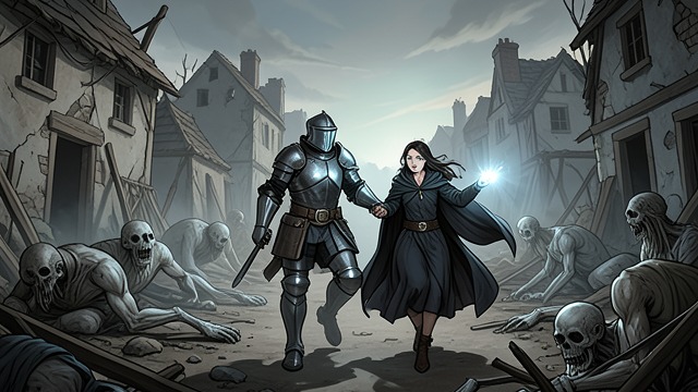 The First Charge from "The Calamitous Bob". The First Charge Cernit leads Viviane Saint-Lys and the other knights against special undead near a ruined village.