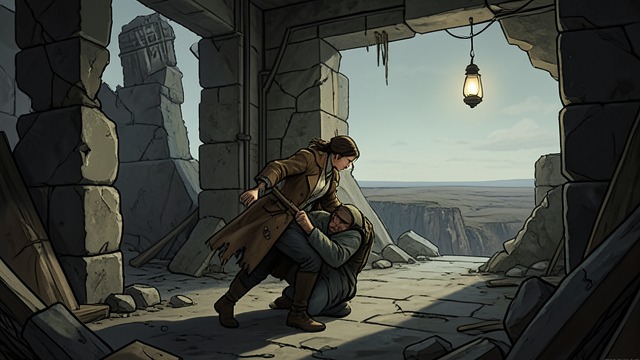 The Escape Road from "The Calamitous Bob". The Escape Road Viviane Saint-Lys drags Solfis through the Harrakan ruins and toward the edge of the Deadlands.