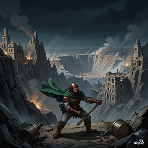 The Harrak Cataclysm from "The Calamitous Bob". This flow traces the historical catastrophe that destroyed Harrak and continues to shape the politics, ecology, and dangers of Niyl.