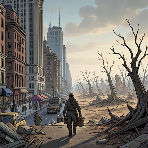 Civilization Against The Deadlands from "The Calamitous Bob". This flow deepens the novel’s contrast between fragile civilization and the ecological, political, and moral consequences of abandonment.