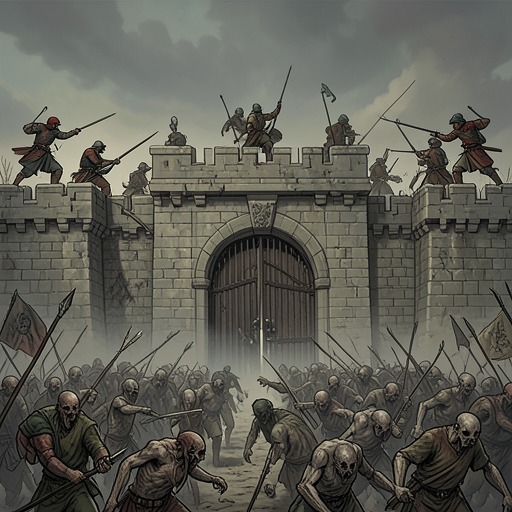 The Fort Sky Siege from "The Calamitous Bob". This flow traces the defense of Fort Sky from uneasy preparation through total breach and supernatural counterattack.