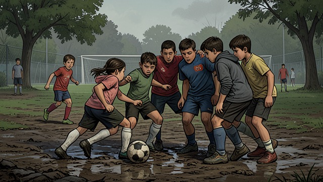 Practice in Exile from "Kevin the Star Striker". Practice in Exile A Dangerous Alternative The park near the lake is muddy, uneven, and physically hostile compared with the familiar field.